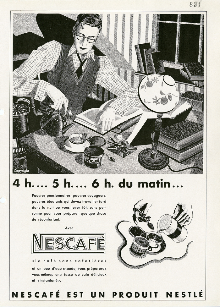 ნესკაფეს ერთ-ერთი პირველი სარეკლამო კამპანია გაზეთში. შვეიცარია, 1938 წ.